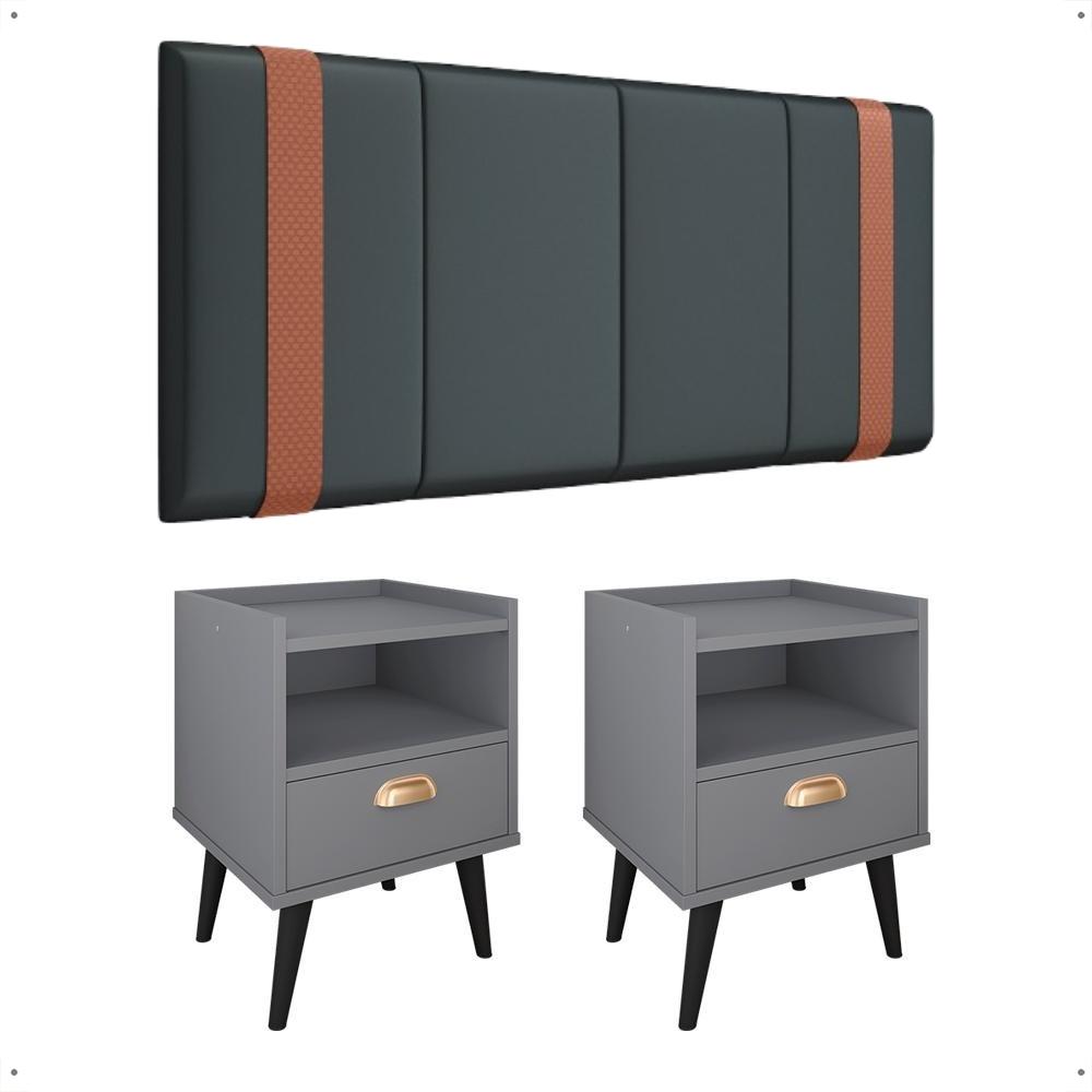 Kit 2 Mesinhas Estilo Nicho Gaveta Puxador Concha Retrô Cinza Cabeceira Suspensa Estofada Parise Cama Box Casal 1,40 Suede - Lojas RPM