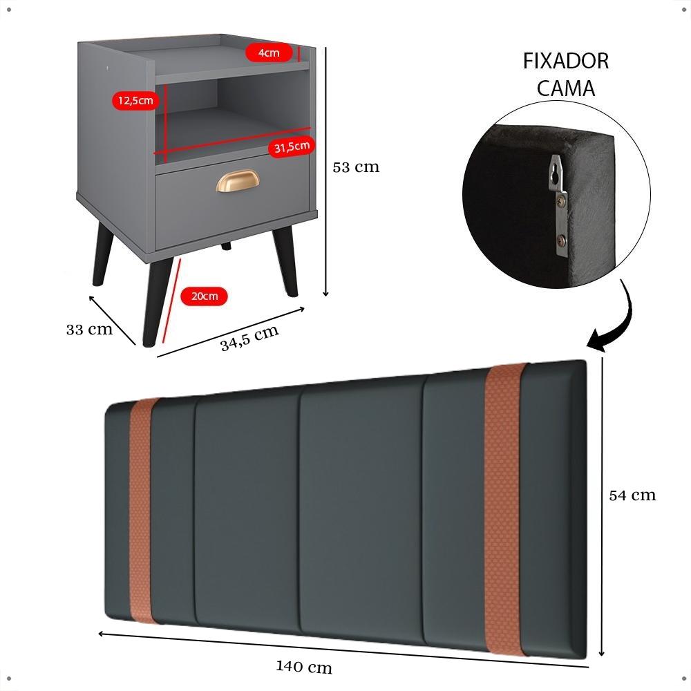 Kit 2 Mesinhas Estilo Nicho Gaveta Puxador Concha Retrô Cinza Cabeceira Suspensa Estofada Parise Cama Box Casal 1,40 Suede - Lojas RPM