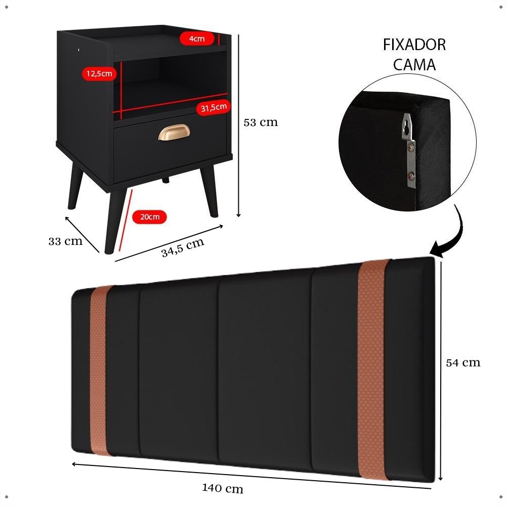 Kit 2 Mesinhas Estilo Nicho Gaveta Puxador Concha Retrô Preto Cabeceira Suspensa Estofada Parise Cama Box Casal 1,40 Suede - Lojas RPM