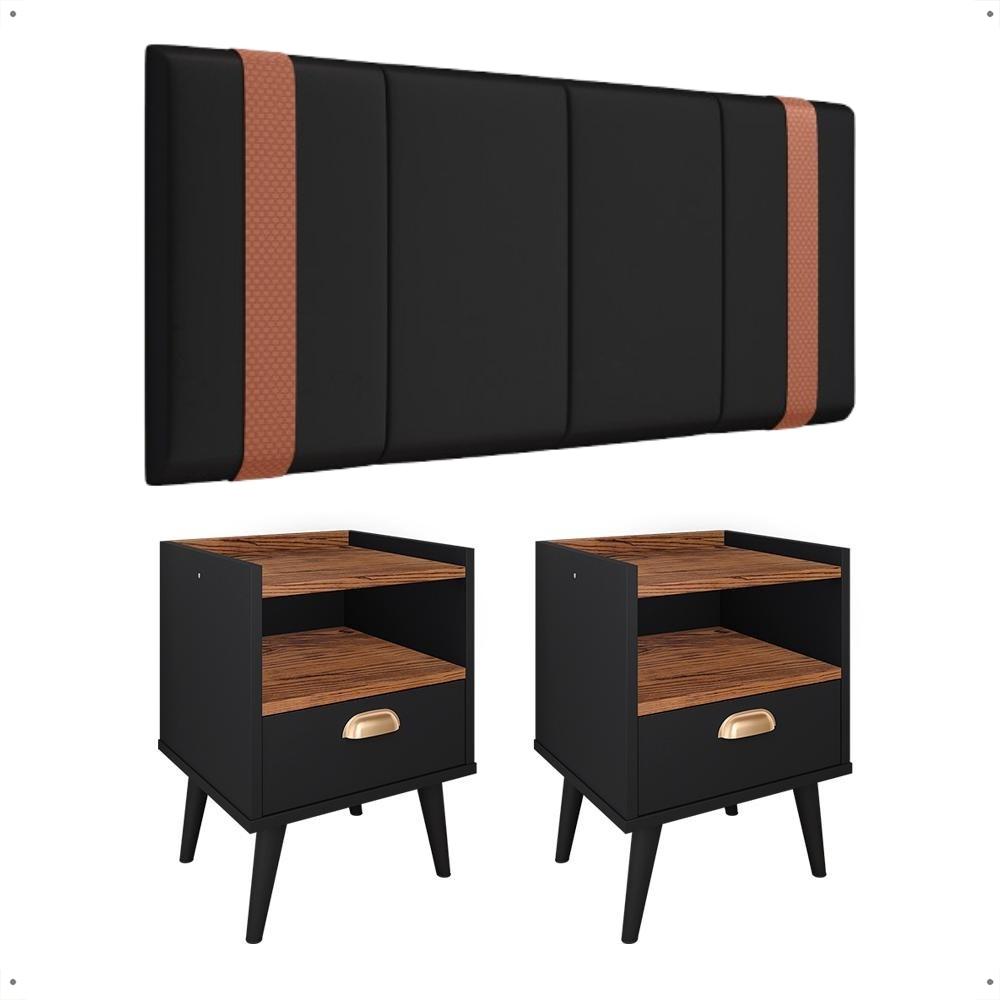Kit 2 Mesinhas Estilo Nicho Gaveta Puxador Concha Retrô Preto/Freijó Cabeceira Suspensa Estofada Parise Cama Box Casal 1,40 Suede - Lojas RPM