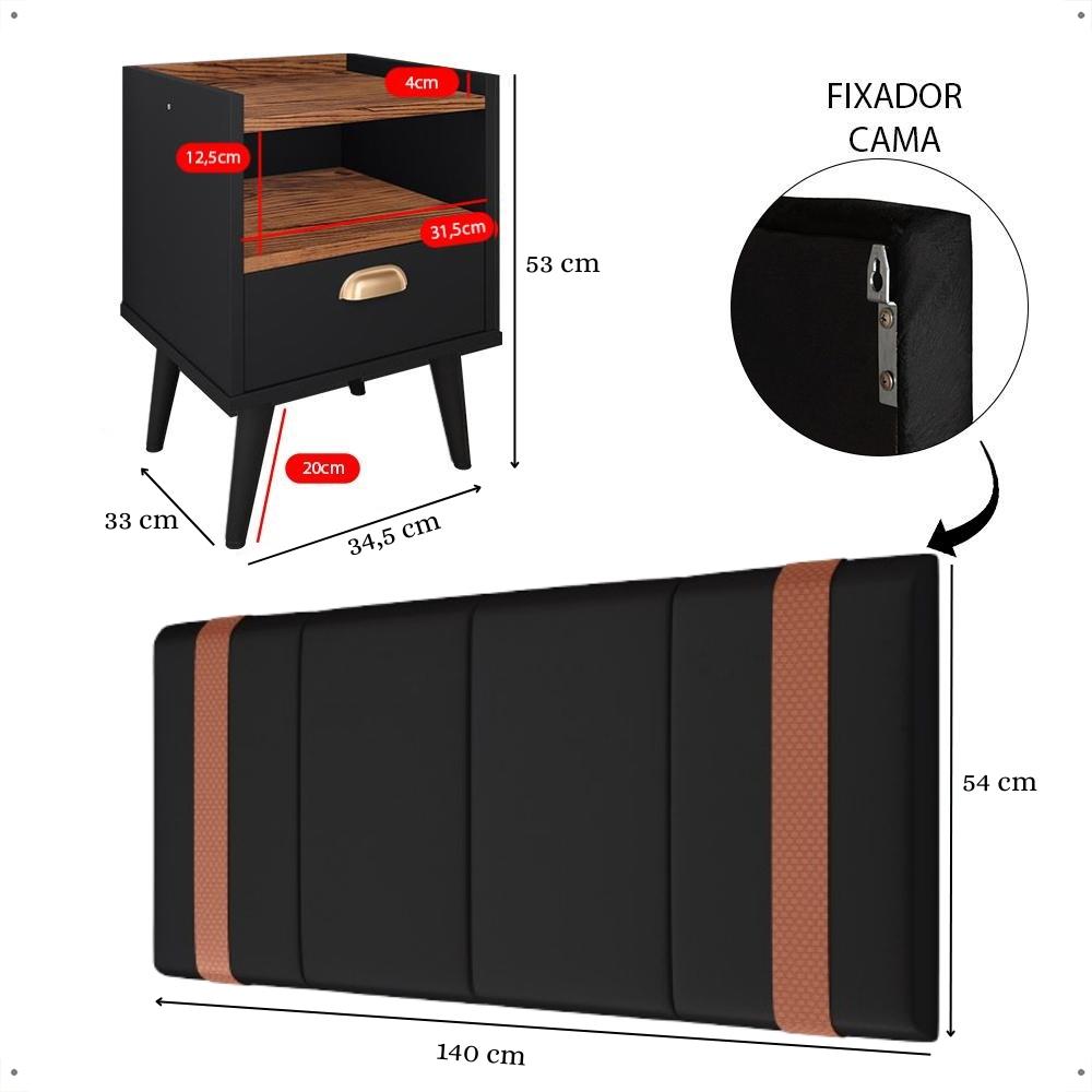 Kit 2 Mesinhas Estilo Nicho Gaveta Puxador Concha Retrô Preto/Freijó Cabeceira Suspensa Estofada Parise Cama Box Casal 1,40 Suede - Lojas RPM