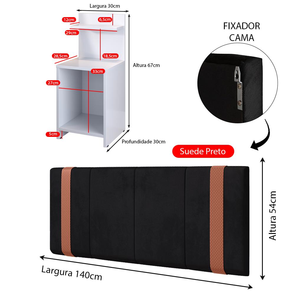 Kit 2 Mesinhas Fantasy Branco Compacta Prateleira Cabeceira Parise Suspensa Detalhe Lateral Cama Box Casal 1,40 Preto Suede - Lojas RPM