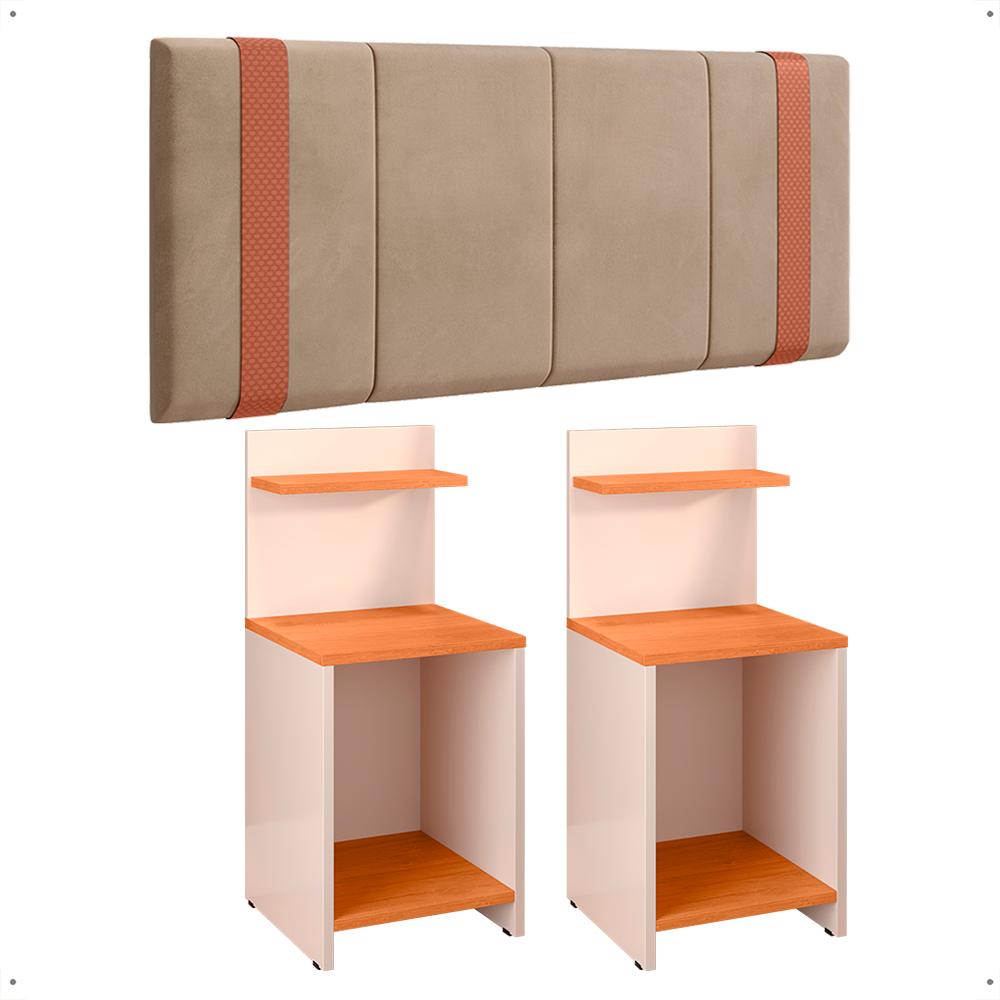 Kit 2 Mesinhas Fantasy Off White/Cinamomo Compacta Prateleira Cabeceira Parise Suspensa Detalhe Lateral Cama Box Casal 1,40 Bege Suede - Lojas RPM