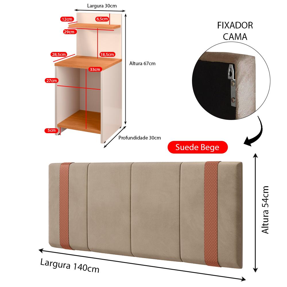 Kit 2 Mesinhas Fantasy Off White/Cinamomo Compacta Prateleira Cabeceira Parise Suspensa Detalhe Lateral Cama Box Casal 1,40 Bege Suede - Lojas RPM