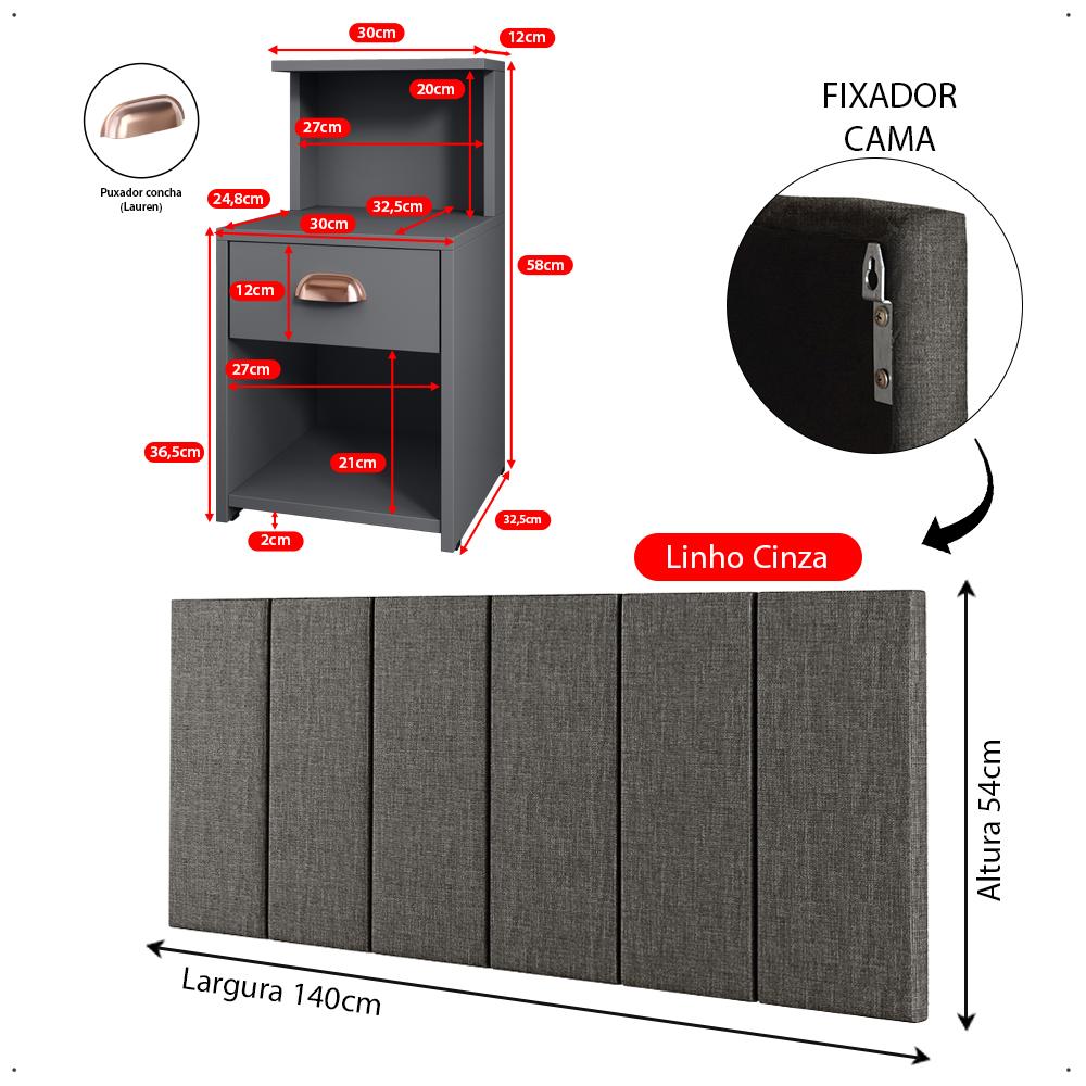 Kit 2 Mesinhas Gaveta Prateleira Suspensa Cléo Cabeceira Estofada Linho Júlia Cama Casal 1,40 Quarto Cinza - RPM