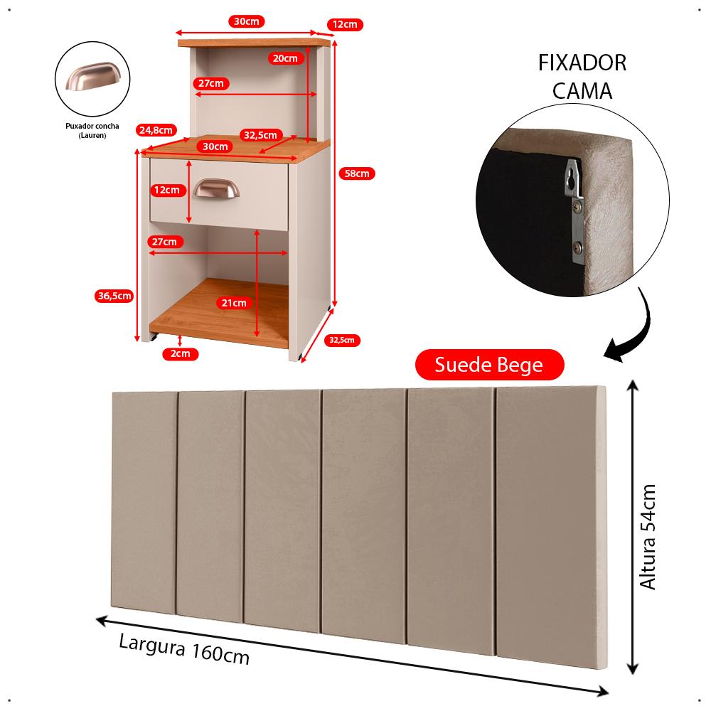 Kit 2 Mesinhas Gaveta Prateleira Suspensa Cléo Off/Cinamomo Cabeceira Estofada Júlia Suede Cama Casal Queen 1,60 Bege Quarto - RPM