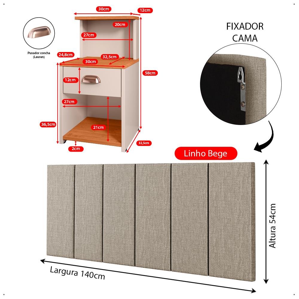 Kit 2 Mesinhas Gaveta Prateleira Suspensa Cléo Off/Cinamomo Cabeceira Estofada Linho Júlia Cama Casal 1,40 Bege Quarto - RPM