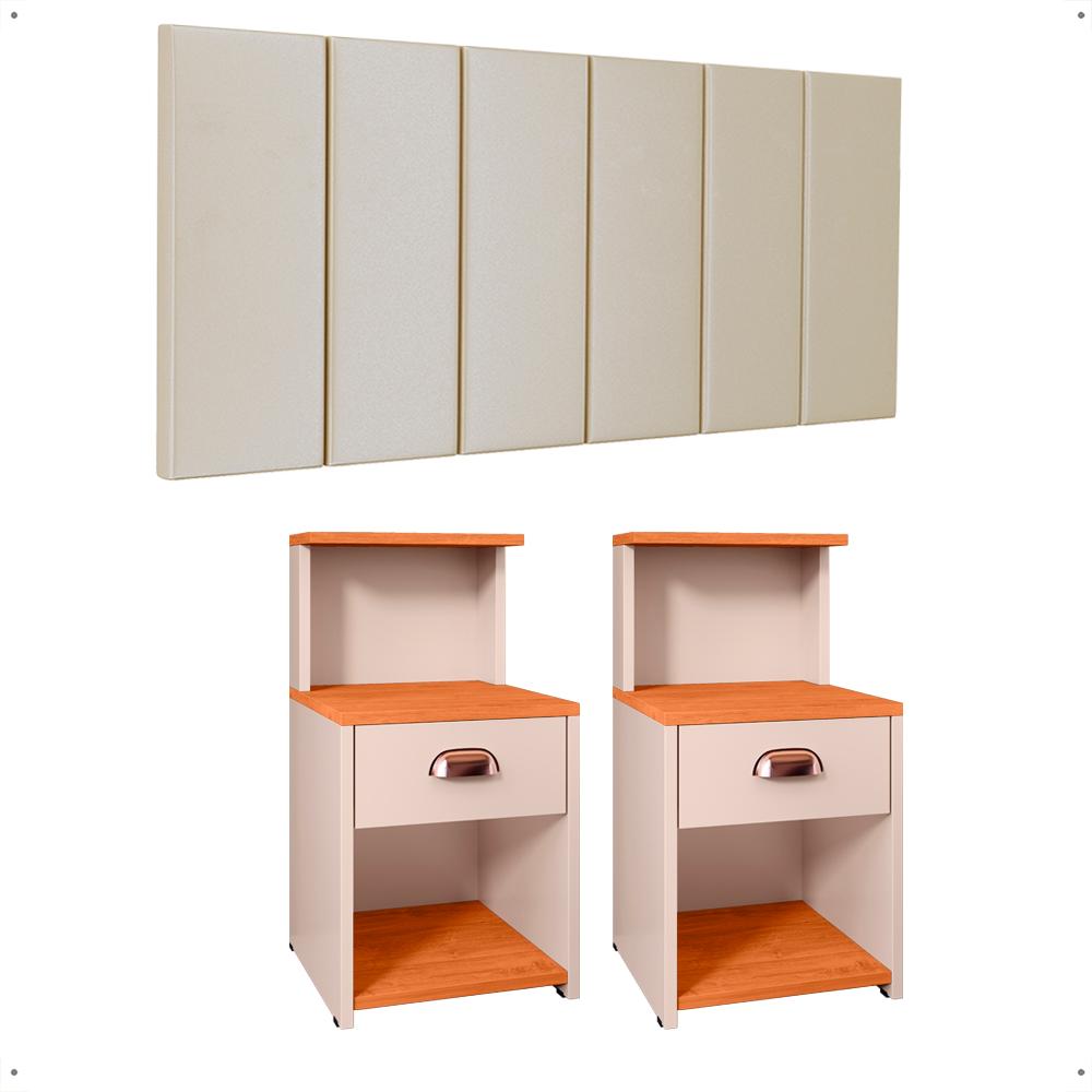 Kit 2 Mesinhas Gaveta Prateleira Suspensa Cléo Off/Cinamomo Cabeceira Estofada Suede Júlia Cama Casal 1,40 Areia Quarto - RPM