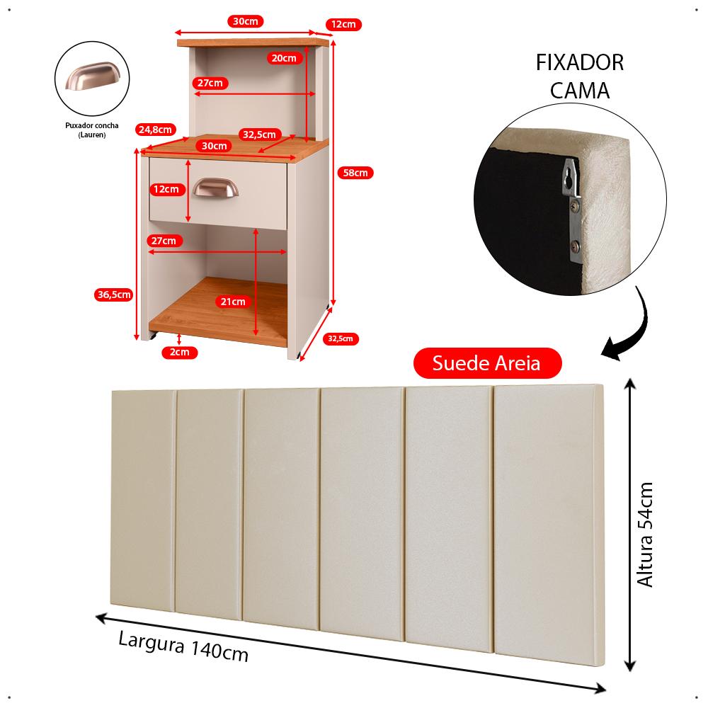 Kit 2 Mesinhas Gaveta Prateleira Suspensa Cléo Off/Cinamomo Cabeceira Estofada Suede Júlia Cama Casal 1,40 Areia Quarto - RPM