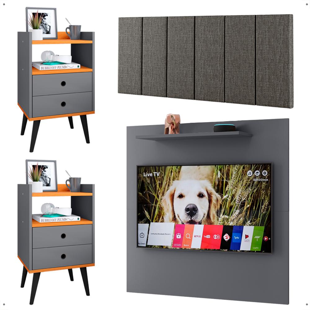 Kit 2 Mesinhas Gavetas Painel Cinza/Cinamomo Tv 32 Polegadas Prateleira Cabeceira Linho Almofadada Cama Box King Size 1,95 - Lojas RPM