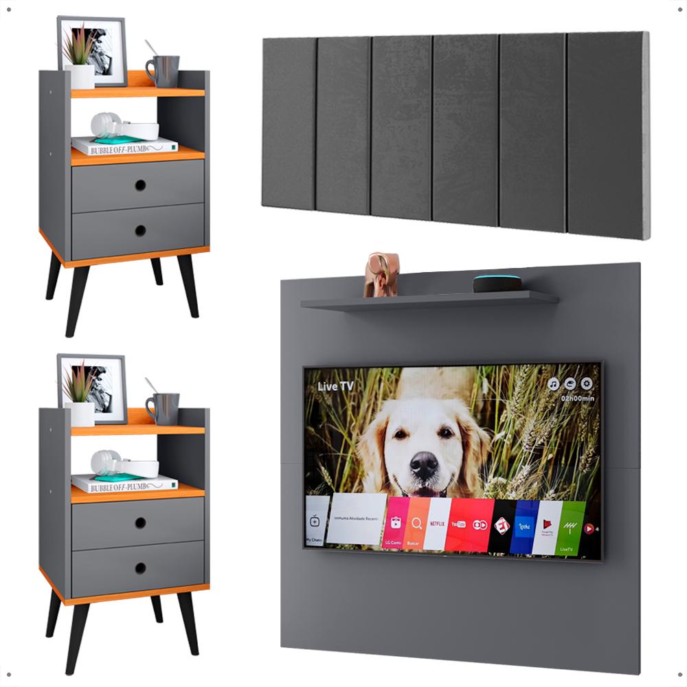Kit 2 Mesinhas Gavetas Painel Cinza/Cinamomo Tv 32 Polegadas Prateleira Cabeceira Suede Almofadada Cama Box King Size 1,95 - Lojas RPM