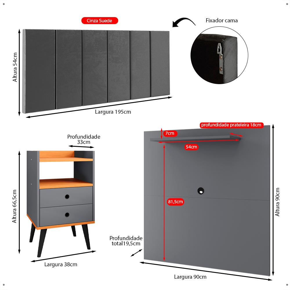 Kit 2 Mesinhas Gavetas Painel Cinza/Cinamomo Tv 32 Polegadas Prateleira Cabeceira Suede Almofadada Cama Box King Size 1,95 - Lojas RPM
