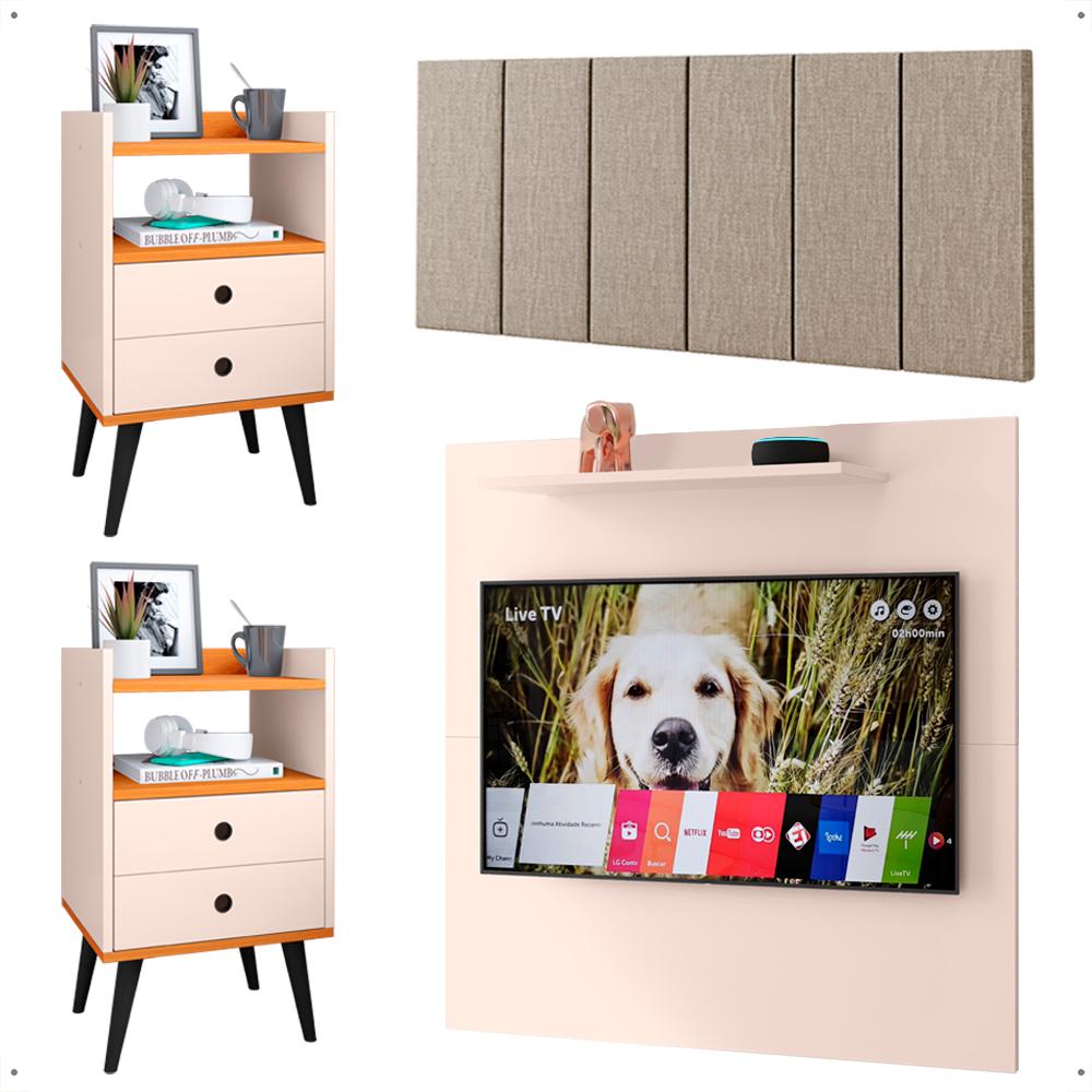 Kit 2 Mesinhas Gavetas Painel Off White/Cinamomo Tv 32 Polegadas Prateleira Cabeceira Bege Linho Almofadada Cama Box King Size 1,95 - Lojas RPM