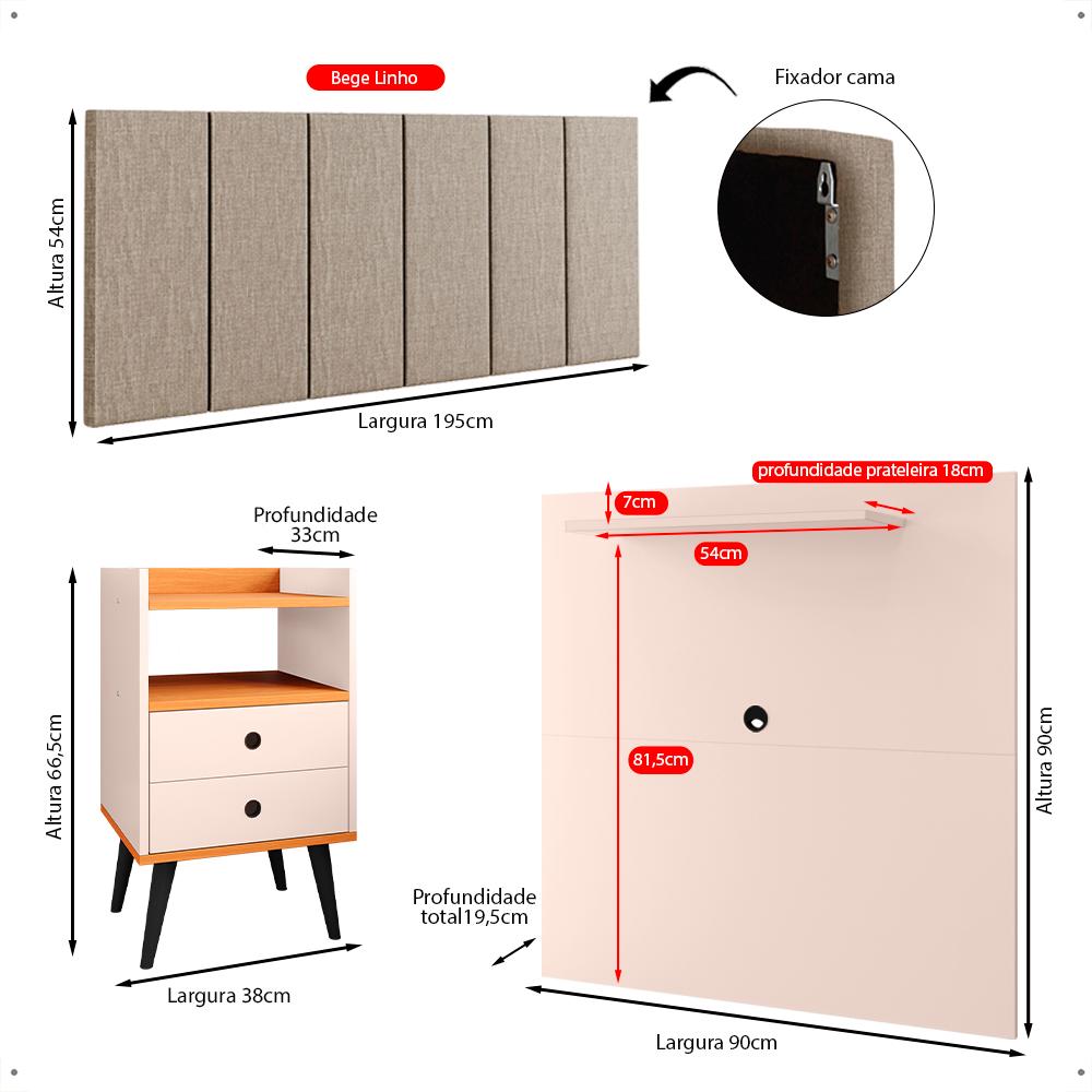 Kit 2 Mesinhas Gavetas Painel Off White/Cinamomo Tv 32 Polegadas Prateleira Cabeceira Bege Linho Almofadada Cama Box King Size 1,95 - Lojas RPM