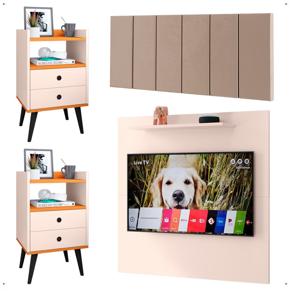 Kit 2 Mesinhas Gavetas Painel Off White/Cinamomo Tv 32 Polegadas Prateleira Cabeceira Bege Suede Almofadada Cama Box King Size 1,95 - Lojas RPM
