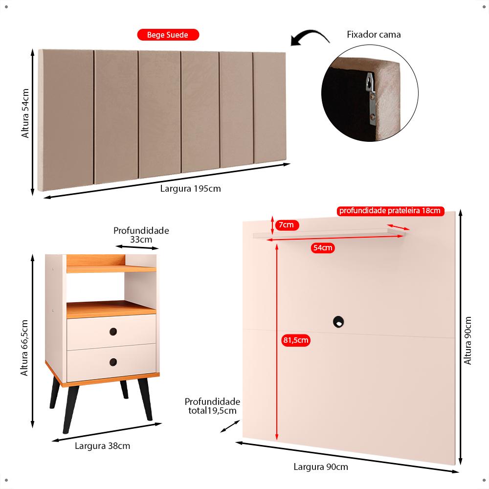Kit 2 Mesinhas Gavetas Painel Off White/Cinamomo Tv 32 Polegadas Prateleira Cabeceira Bege Suede Almofadada Cama Box King Size 1,95 - Lojas RPM