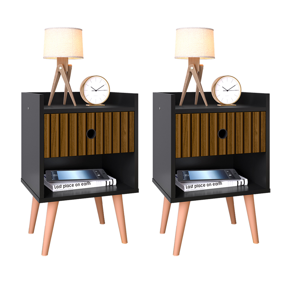 Kit 2 Mesinhas Lateral Cama Moderna 1 Gaveta e Nicho Mesa de Cabeceira Decore Quarto Preto / Ripado Nature - Lojas RPM