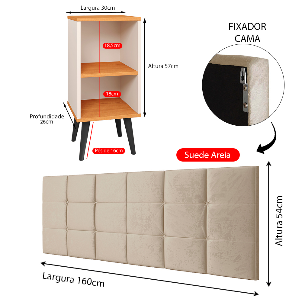 Kit 2 Mesinhas Lateral Charme Nicho Off White/Cinamomo Cabeceira Suspensa Bia 1,60 Cama Queen Decoração Quarto Casal Areia Suede - Lojas RPM