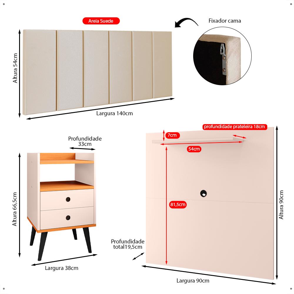 Kit 2 Mesinhas Lateral Off White/Cinamomo Painel Tv 32 Polegadas Prateleira Suspensa Cabeceira Cama Box Casal 1,40 Areia Suede - Lojas RPM