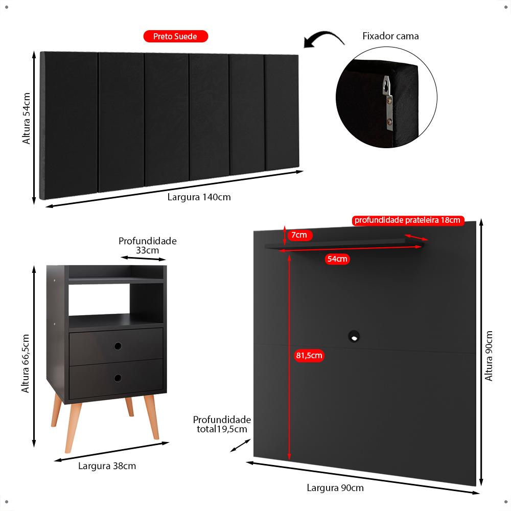 Kit 2 Mesinhas Lateral Painel Preto Tv 32 Polegadas Prateleira Suspensa Cabeceira Cama Box Casal 1,40 Suede - Lojas RPM