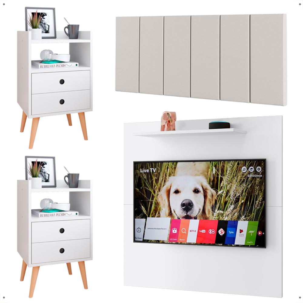 Kit 2 Mesinhas Lateral Painel Tv 32 Polegadas Prateleira Suspensa Cabeceira Cama Box Casal 1,40 Branco Corino - Lojas RPM