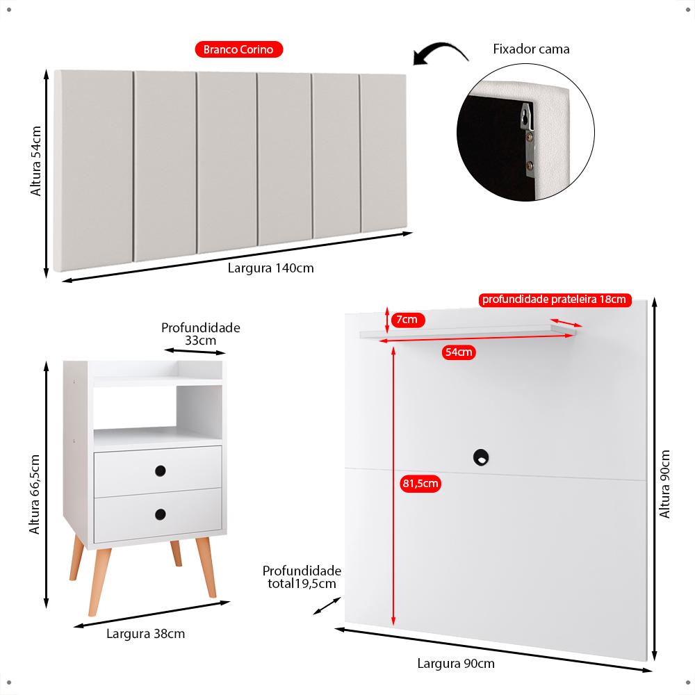 Kit 2 Mesinhas Lateral Painel Tv 32 Polegadas Prateleira Suspensa Cabeceira Cama Box Casal 1,40 Branco Corino - Lojas RPM