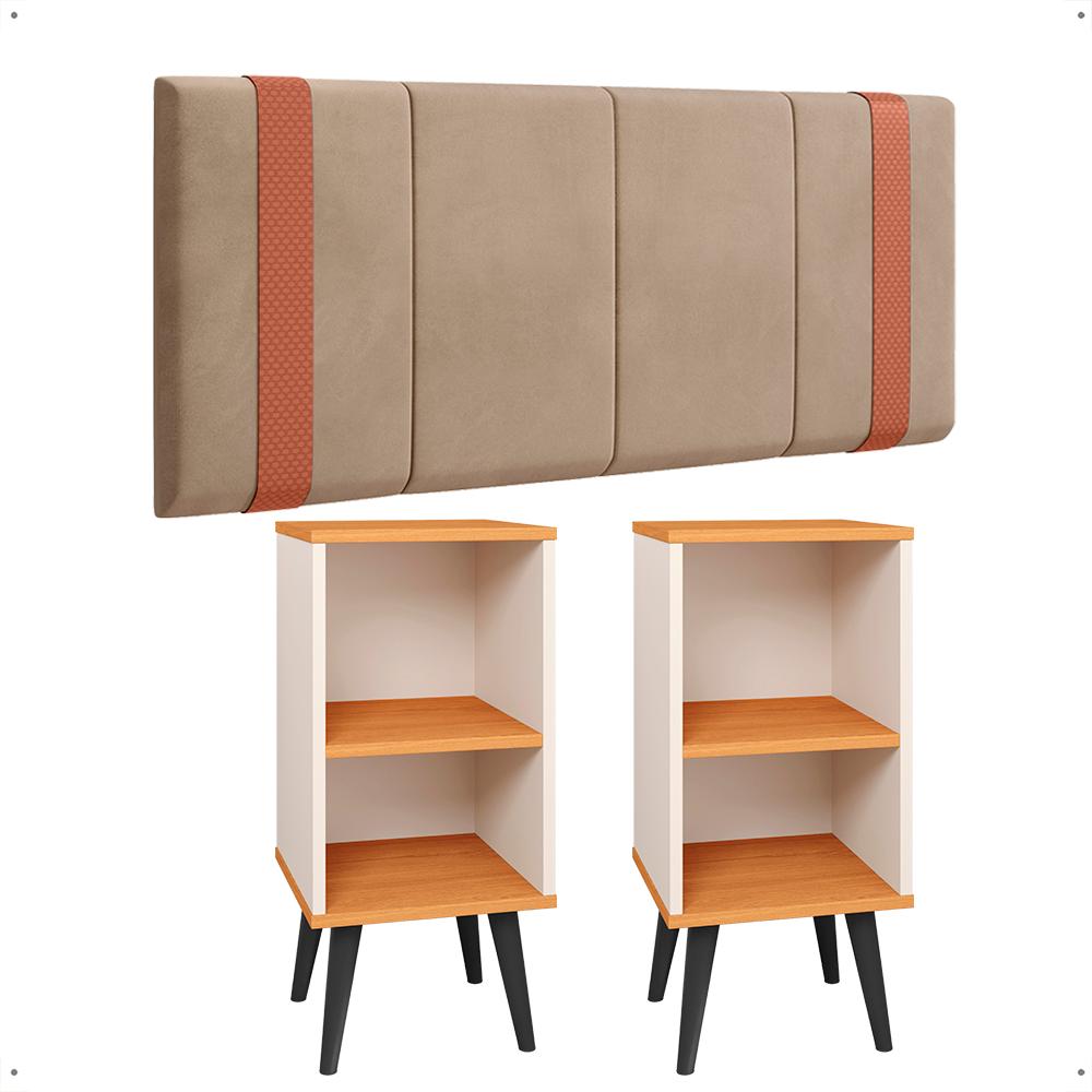 Kit 2 Mesinhas Off White/Cinamomo Canto Nicho Prateleira Cabeceira Suspensa Almofadada Cama Box Queen Size 1,6 Detalhe Lateral Bege Suede - Lojas RPM