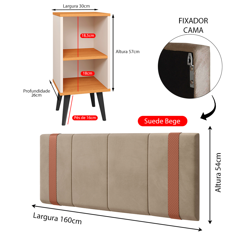 Kit 2 Mesinhas Off White/Cinamomo Canto Nicho Prateleira Cabeceira Suspensa Almofadada Cama Box Queen Size 1,6 Detalhe Lateral Bege Suede - Lojas RPM