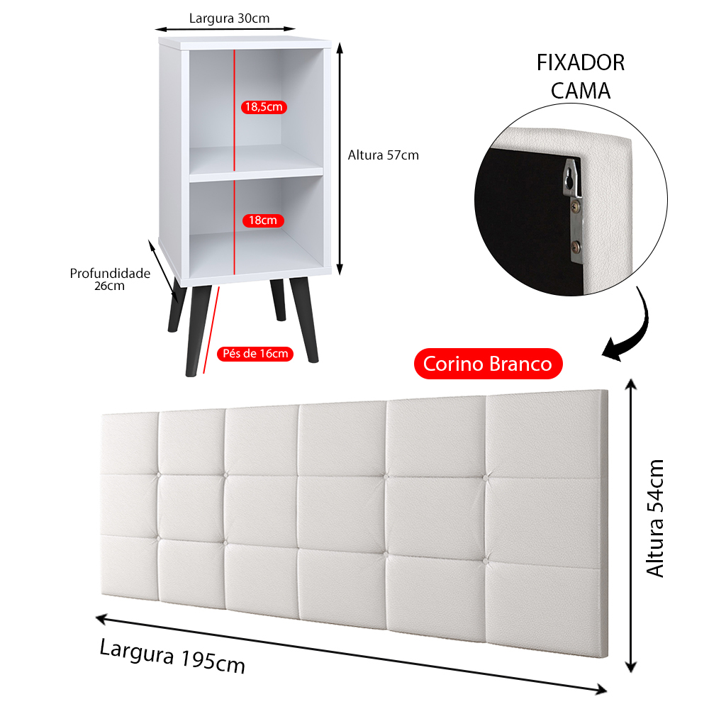 Kit 2 Mesinhas Pequena Charme Jogo Quarto Casal Cabeceira Bia Cama Box King Size 1,95 Branco Corino - Lojas RPM