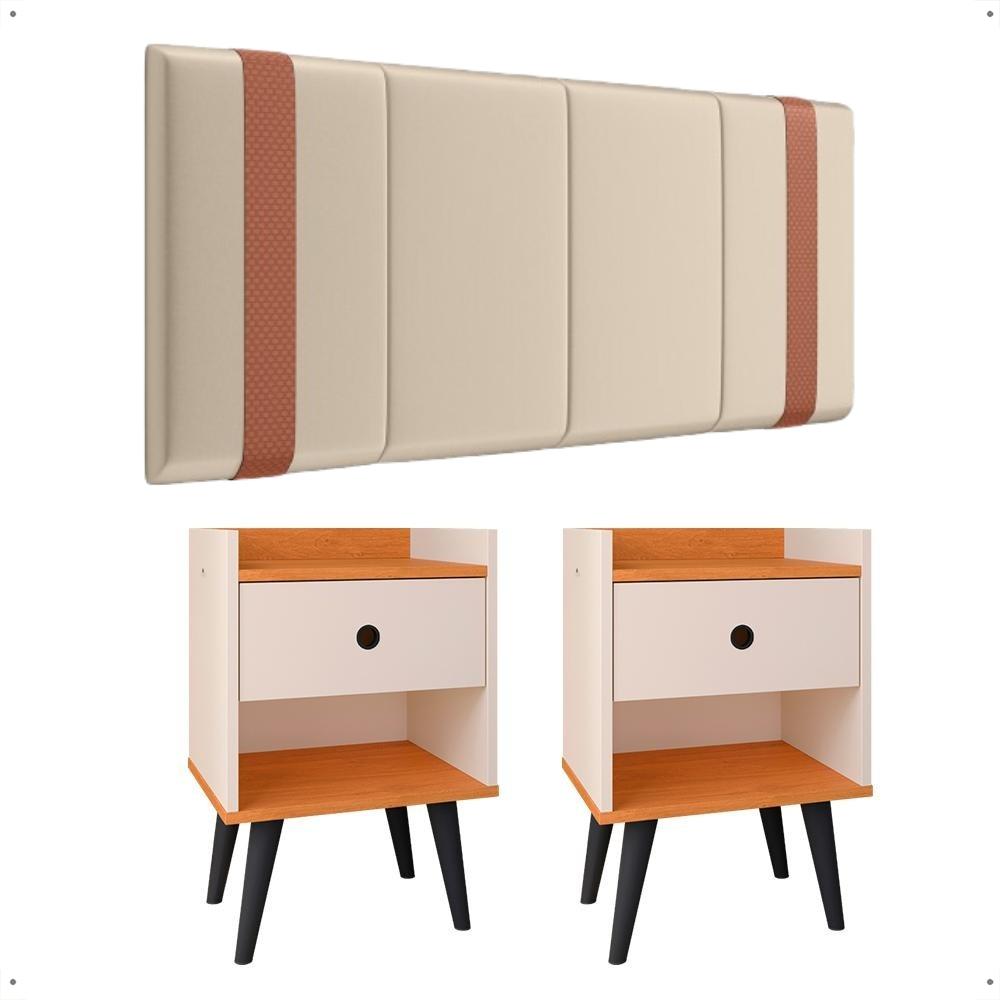 Kit 2 Mesinhas Pequena Decore Nicho Gaveta Off White/Cinamomo Cabeceira Suspensa Cama Box Casal Queen Detalhe Lateral Bege Suede - Lojas RPM