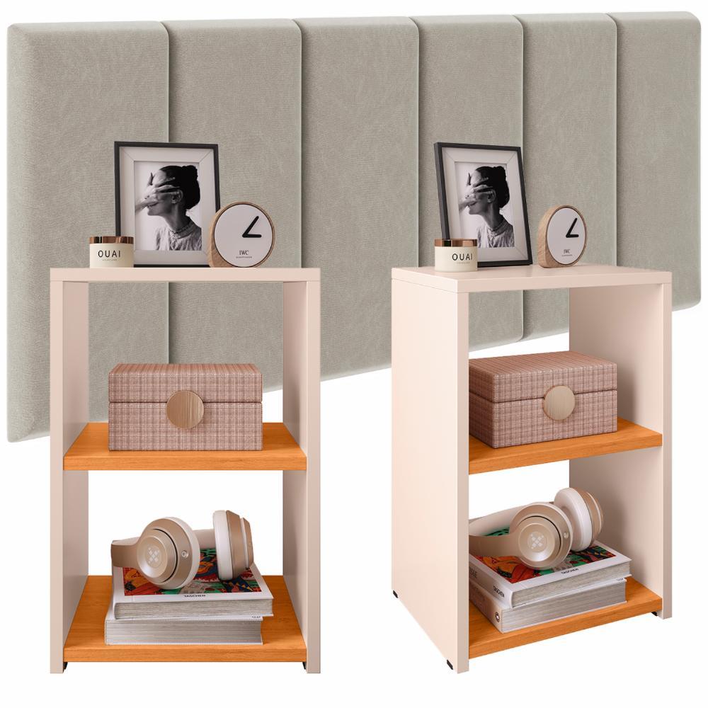 Kit 2 Mesinhas Pequena Prateleira Lateral Cama Bella Off/Cinamomo Cabeceira Queen 1,60 Estofado Bege Suede Júlia Quarto - RPM