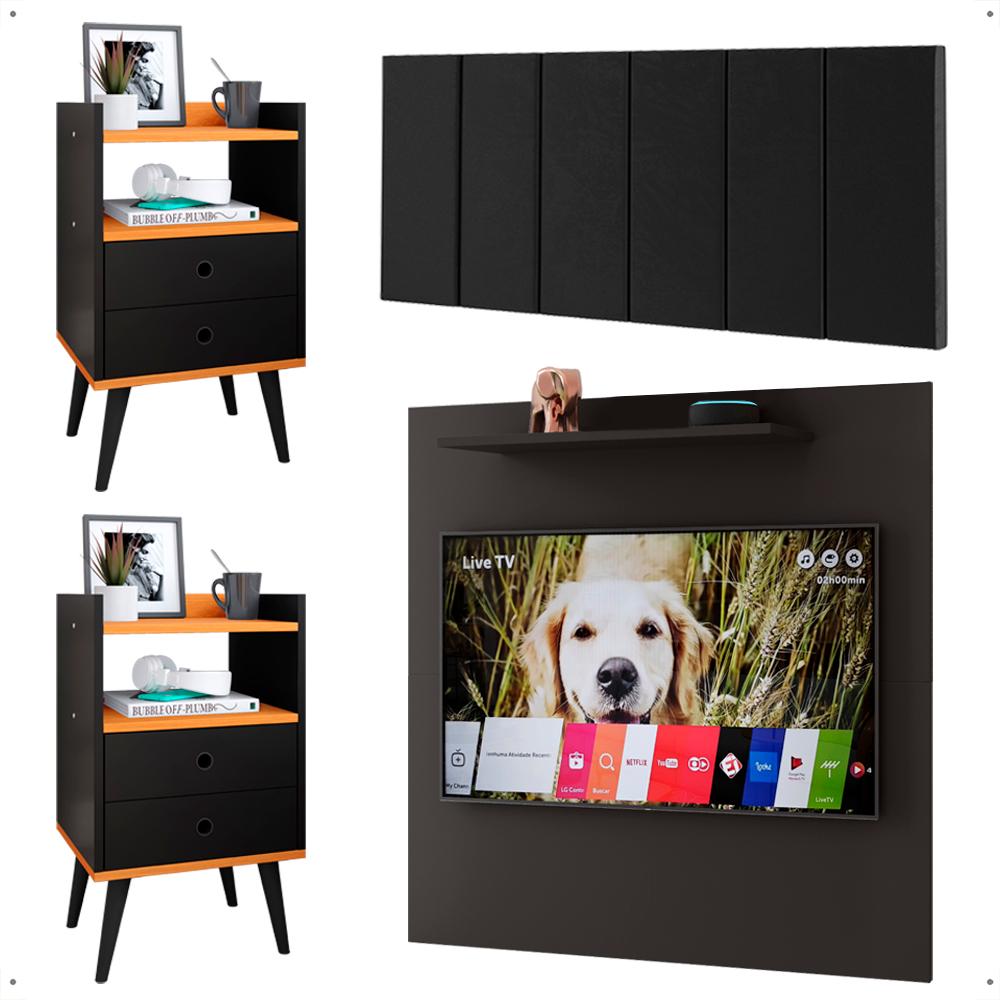 Kit 2 Mesinhas Preto/Cinamomo Lateral Painel Tv 32 Polegadas Prateleira Suspensa Cabeceira Cama Box Casal 1,40 Suede - Lojas RPM