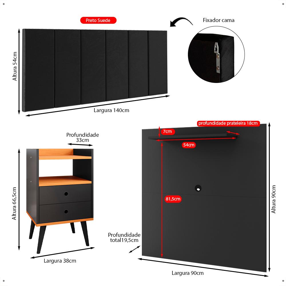 Kit 2 Mesinhas Preto/Cinamomo Lateral Painel Tv 32 Polegadas Prateleira Suspensa Cabeceira Cama Box Casal 1,40 Suede - Lojas RPM