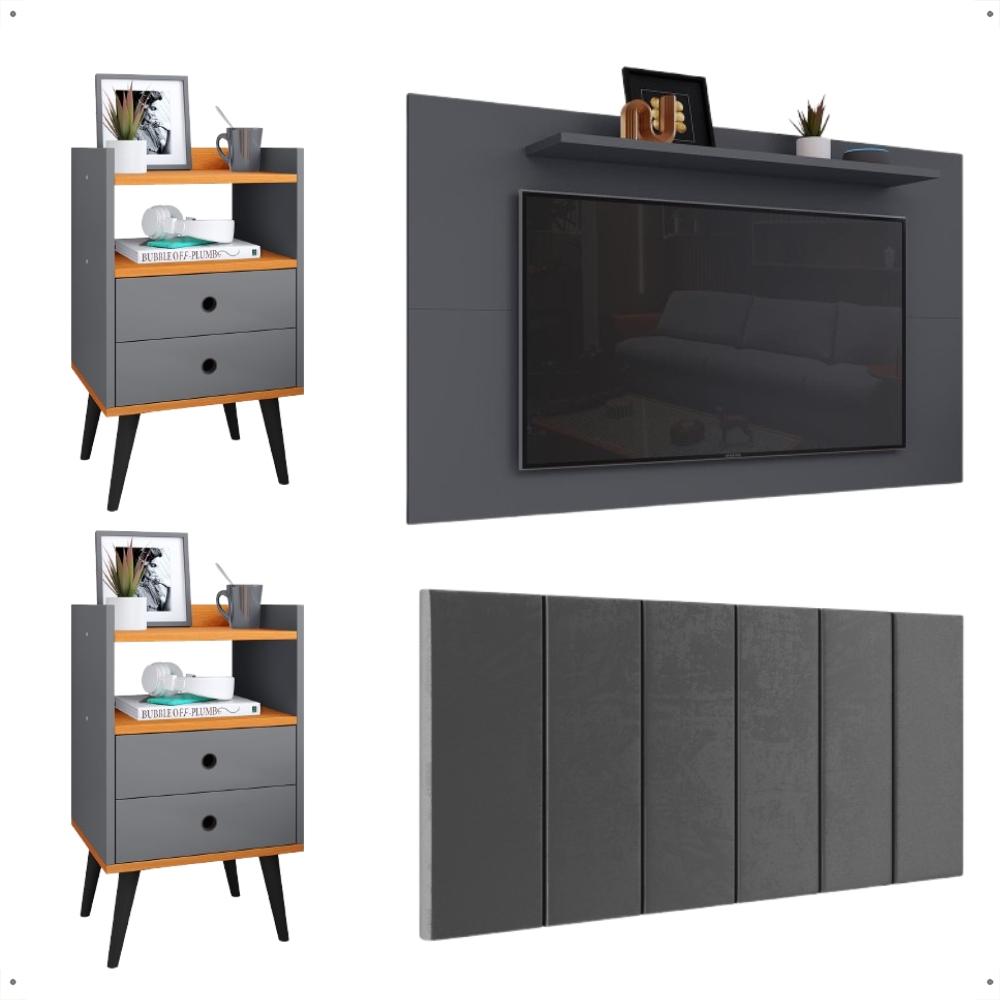 Kit 2 Mesinhas Retrô Dream Cabeceira Quarto Cama Box Casal 1,40 Júlia Suede Painel Tv 48 Polegadas Samba Cinza/Cinamomo Decoração Sala - Lojas RPM