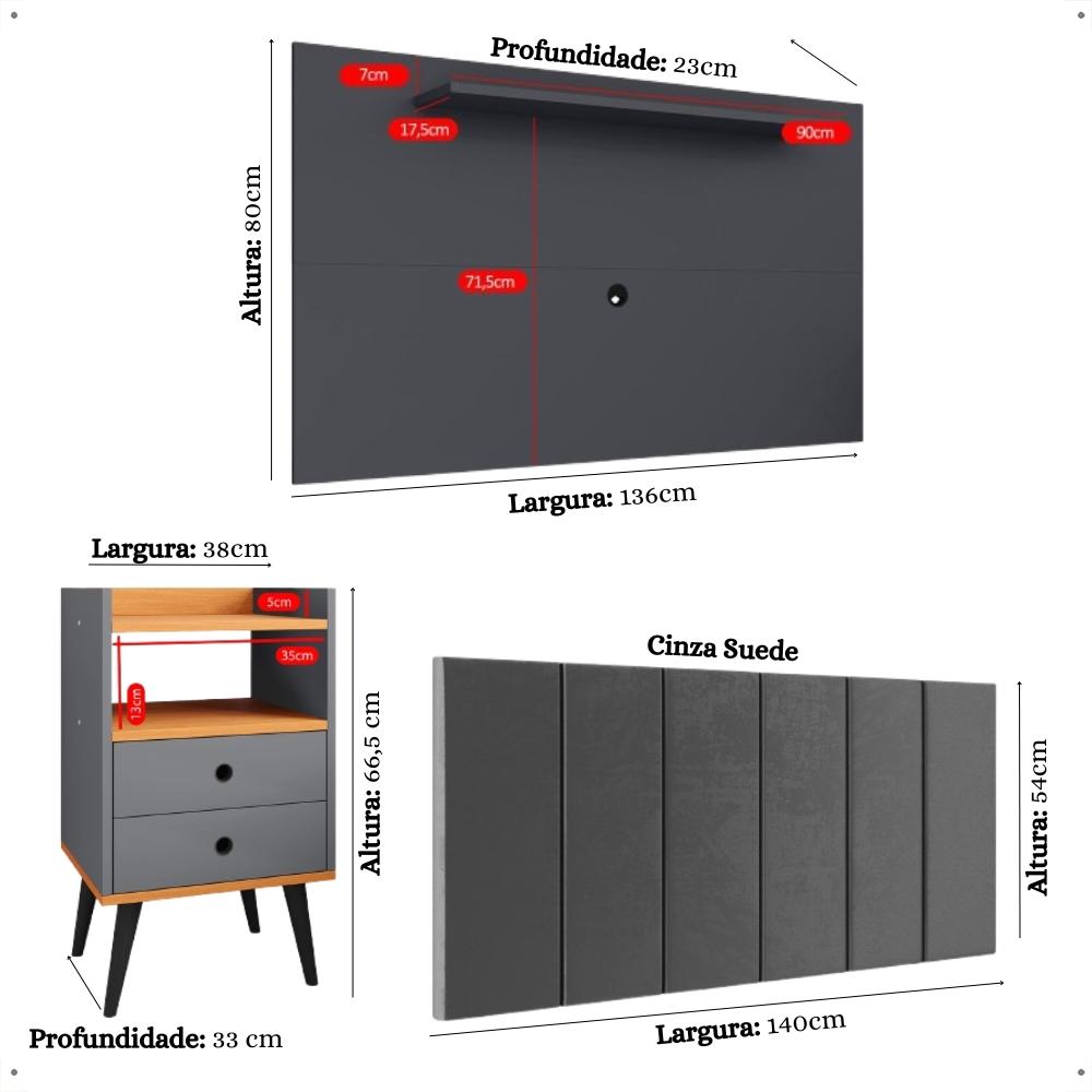 Kit 2 Mesinhas Retrô Dream Cabeceira Quarto Cama Box Casal 1,40 Júlia Suede Painel Tv 48 Polegadas Samba Cinza/Cinamomo Decoração Sala - Lojas RPM