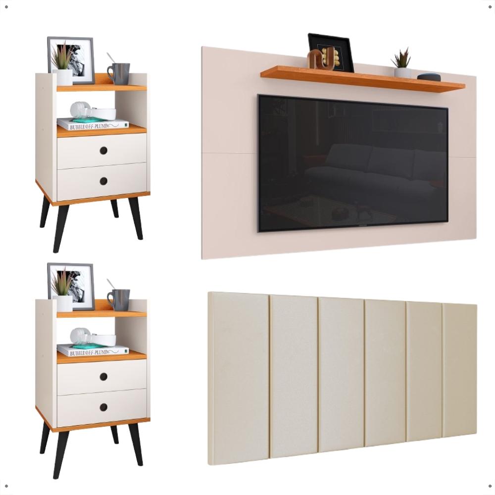 Kit 2 Mesinhas Retrô Dream Cabeceira Quarto Cama Box Casal 1,40 Júlia Suede Painel Tv 48 Polegadas Samba Off White/Cinamomo Decoração Sala - Lojas RPM