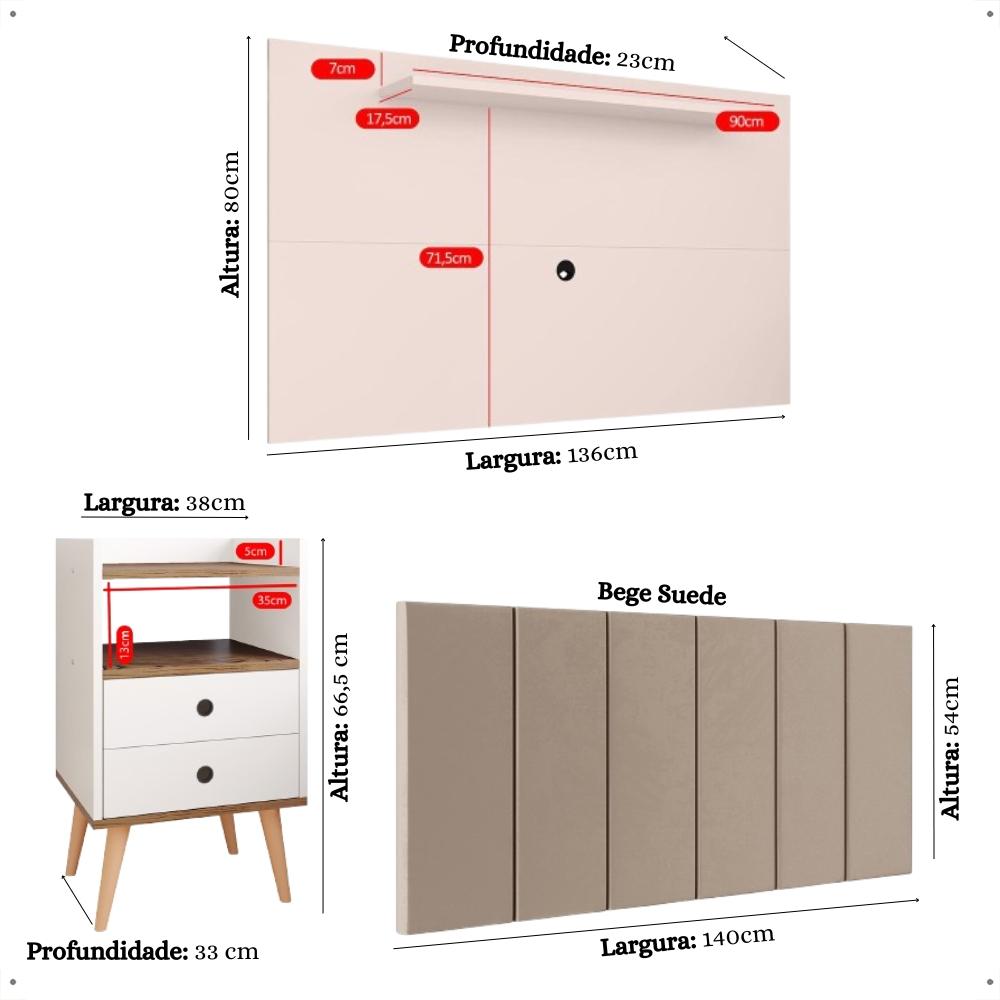Kit 2 Mesinhas Retrô Dream Cabeceira Quarto Cama Box Casal 1,40 Júlia Suede Painel Tv 48 Polegadas Samba Off White/Freijó Decoração Sala - Lojas RPM