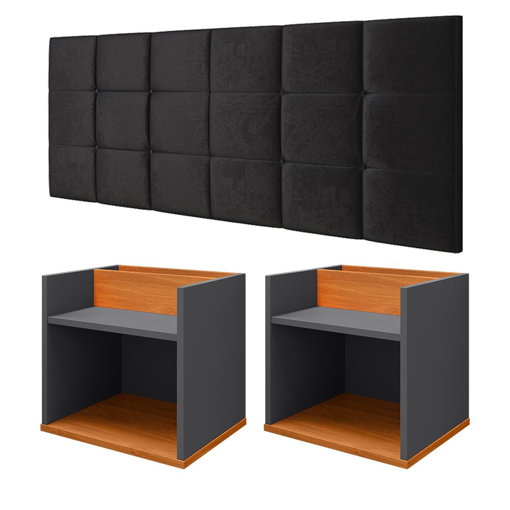 Kit 2 Mesinhas Suspensa Madri Cinza/Cinamomo Nicho Divisória Retrô Cabeceira Bia 1,40 Estofado Suede Preto Cama Box Casal Quarto