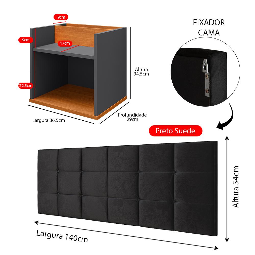 Kit 2 Mesinhas Suspensa Madri Cinza/Cinamomo Nicho Divisória Retrô Cabeceira Bia 1,40 Estofado Suede Preto Cama Box Casal Quarto
