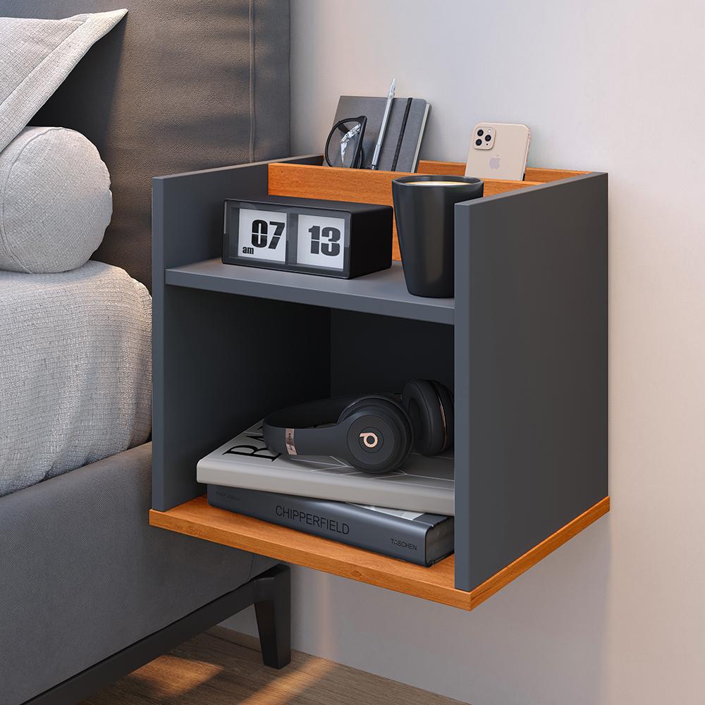 Kit 2 Mesinhas Suspensa Madri Nicho Divisória Retrô Cabeceira Bia 1,40 Estofado Linho Cama Box Casal Quarto - Cinza/Cinamomo
