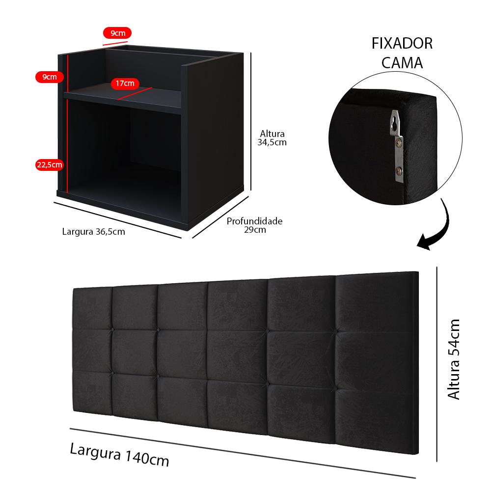Kit 2 Mesinhas Suspensa Madri Nicho Divisória Retrô Cabeceira Bia 1,40 Estofado Suede Cama Box Casal Quarto - Preto