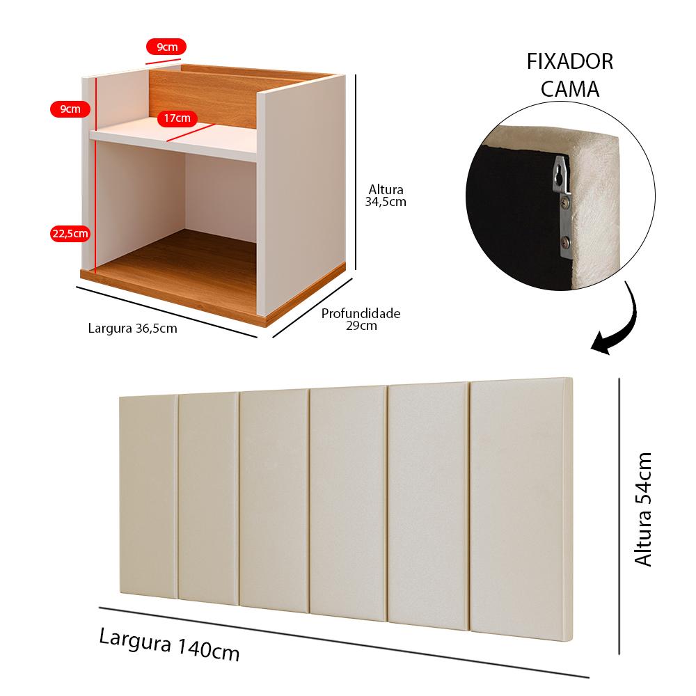 Kit 2 Mesinhas Suspensa Madri Off White/Cinamomo Prateleira Divisória Cabeceira Almofadada Julia 1,40 Cama Box Casal Areia Suede - RPM Móveis 