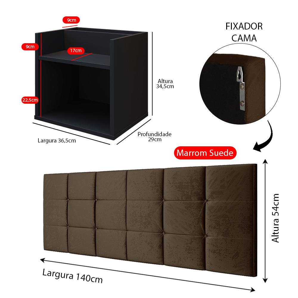 Kit 2 Mesinhas Suspensa Madri Preto Nicho Divisória Retrô Cabeceira Bia 1,40 Estofado Suede Marrom Cama Box Casal Quarto