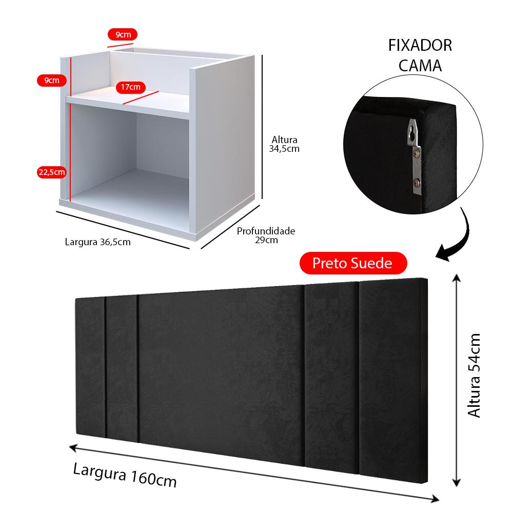 Kit 2 Mesinhas Suspensa Prateleira Nicho Madri Retrô Branco Cabeceira Estofada Módulo Cama Box Casal Luana Queen 1,60 Preto Suede
