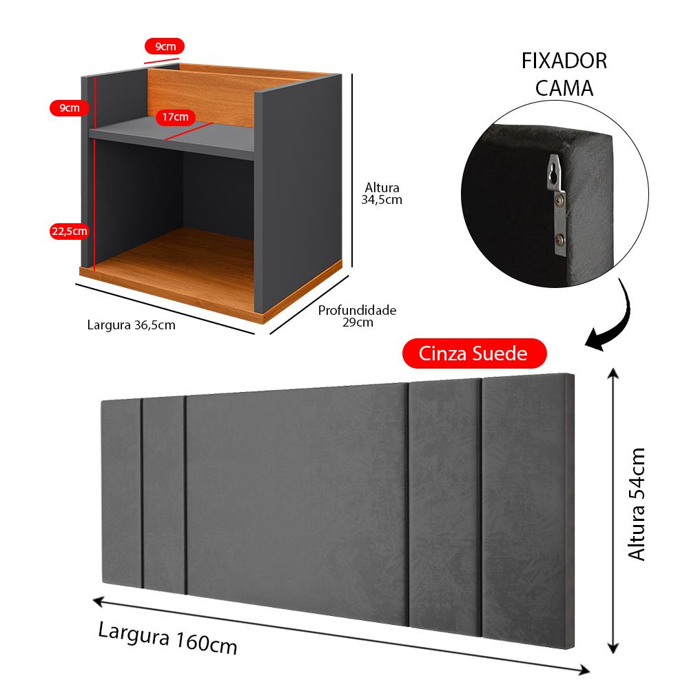 Kit 2 Mesinhas Suspensa Prateleira Nicho Madri Retrô Cabeceira Estofada Módulo Cama Box Casal Luana Queen 1,60 Cinza/Cinamomo