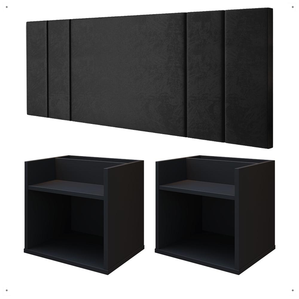 Kit 2 Mesinhas Suspensa Prateleira Nicho Madri Retrô Cabeceira Estofada Módulo Cama Box Casal Luana Queen 1,60 Preto