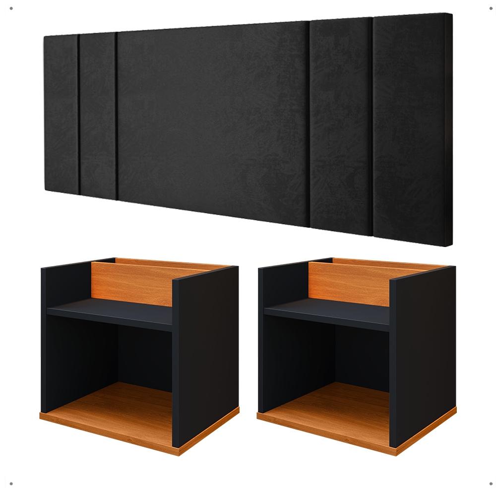 Kit 2 Mesinhas Suspensa Prateleira Nicho Madri Retrô Cabeceira Estofada Módulo Cama Box Casal Luana Queen 1,60 Preto/Cinamomo