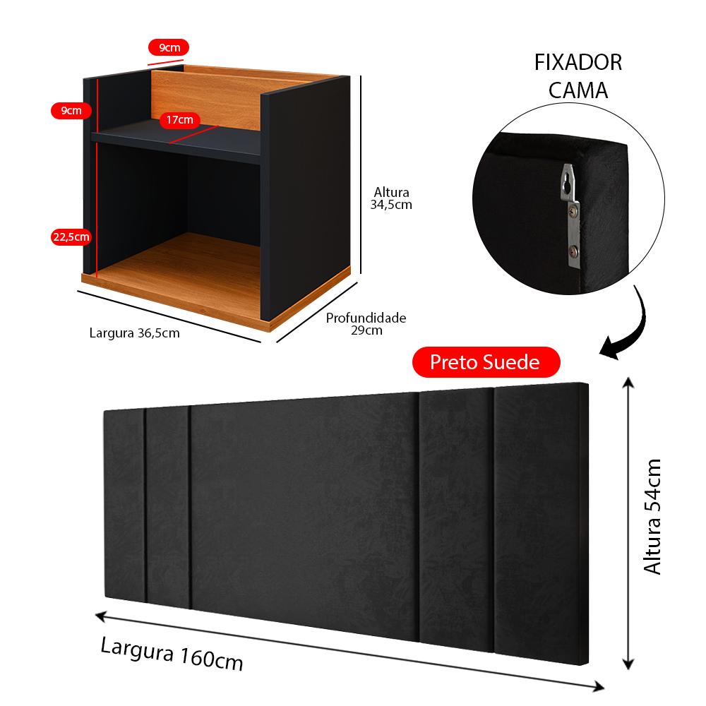 Kit 2 Mesinhas Suspensa Prateleira Nicho Madri Retrô Cabeceira Estofada Módulo Cama Box Casal Luana Queen 1,60 Preto/Cinamomo