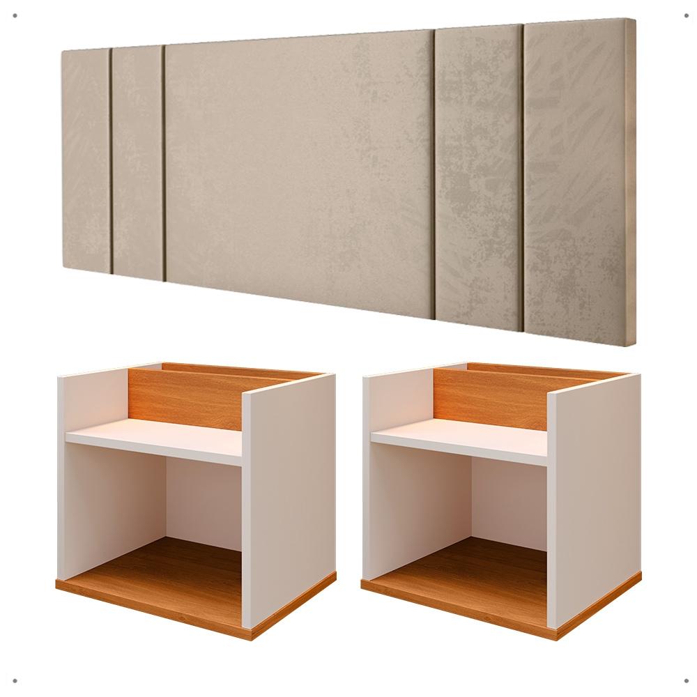 Kit 2 Mesinhas Suspensa Prateleira Nicho Madri Retrô Off/Cinamomo Cabeceira Estofada Módulo Cama Box Casal Luana Queen 1,60 Areia
