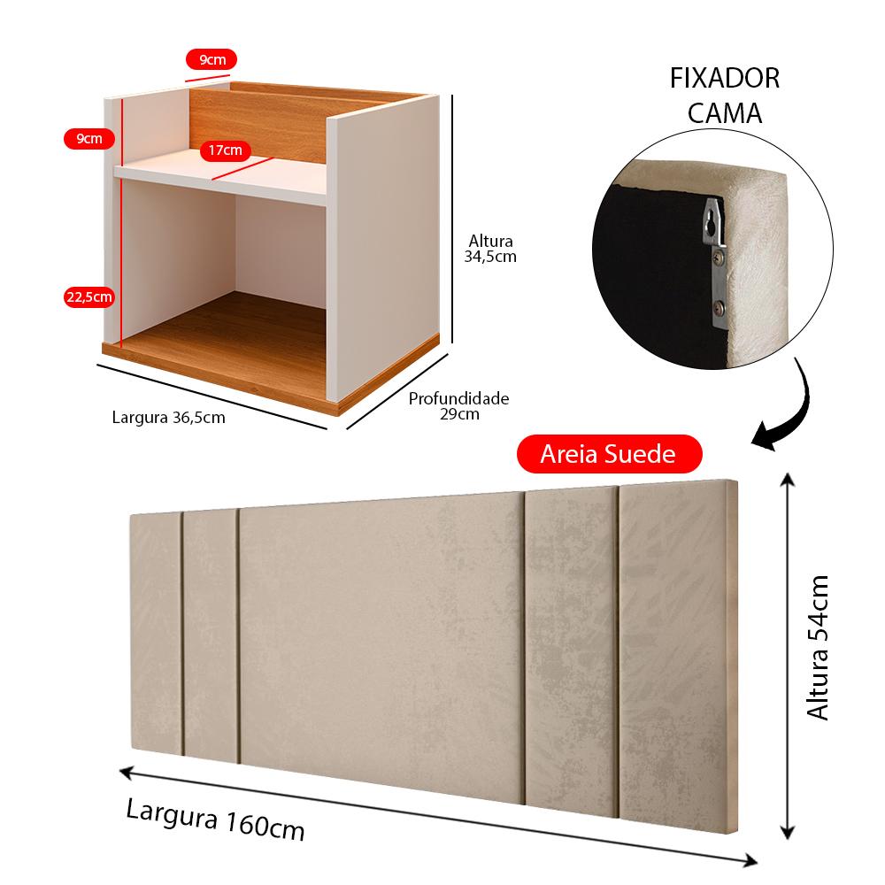 Kit 2 Mesinhas Suspensa Prateleira Nicho Madri Retrô Off/Cinamomo Cabeceira Estofada Módulo Cama Box Casal Luana Queen 1,60 Areia